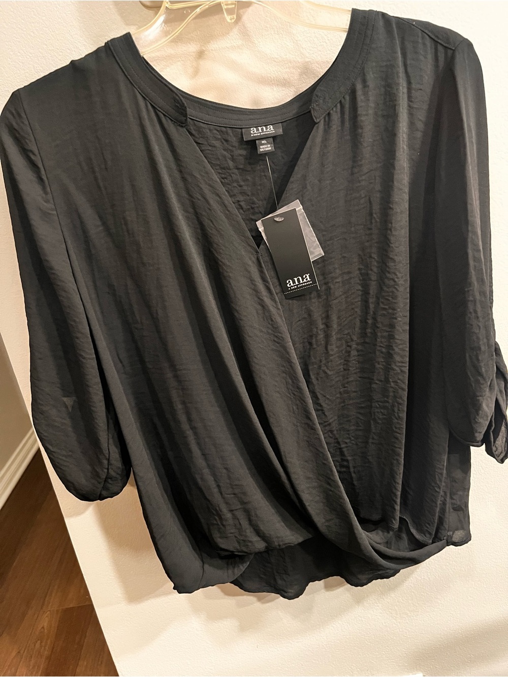 a.n.a Black Draped Surplice Blouse with Roll-Tab Sleeves